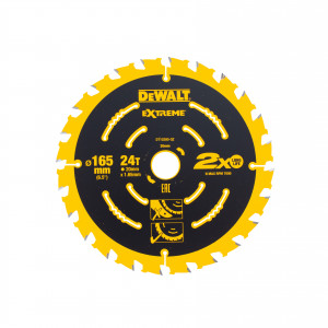 A circular DEWALT Extreme saw blade with a yellow and black design, 165 mm diameter, 24 teeth, and product details printed on the surface. The blade features safety and usage icons.