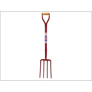 A Faithfull garden fork with four hardened steel tines and a wooden handle, for breaking up soil and lifting root vegetables.