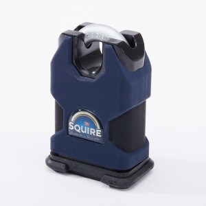 A heavy-duty blue and black Squire padlock with a thick, silver shackle is standing upright on a white background. The Squire logo is visible on the front.