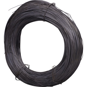 A large coil of dark-colored wire neatly wound into a circular shape, secured with a few additional wire pieces.