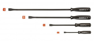 Four flathead screwdrivers of varying lengths and sizes are laid out horizontally with their corresponding orange caps placed separately beside each tool. The handles are labeled GEDORE red.,