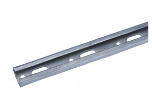 A close-up view of a metal slotted angle bar, typically used in construction or shelving, with evenly spaced oval and round holes along its length, set against a white background.
