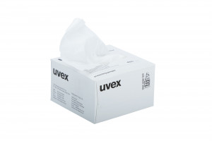 A white box of uvex tissues with a single tissue pulled out, against a plain white background. The box is labeled with the uvex logo and recycling information.