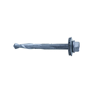 A metal self-drilling screw with a hexagonal head, flat washer, and threaded shaft, shown against a white background.