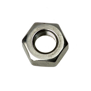 A bright zinc plated hex nut with an internally threaded profile, for use with a matching bolt or threaded rod.