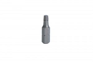 A single metal screwdriver bit with a hexagonal base and a flat tip is centered on a plain white background.,