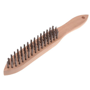 A wire brush with steel or brass bristle rows in a wooden or plastic handle, for removing rust, scale, and surface contaminants from metal.