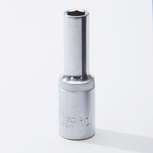 A silver 10mm deep socket tool stands upright on a plain white surface, showing its shiny metallic finish and cylindrical shape with a slightly wider base.