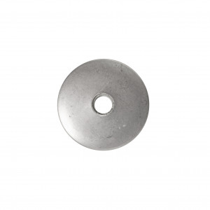 A round, flat metal washer with a smooth surface and a central hole, viewed from above against a white background.