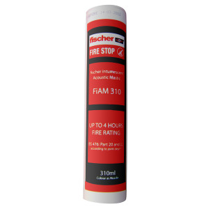 A tube of Fischer FiAM 310 Fire Stop intumescent acoustic mastic, with red and black labeling. The label highlights up to 4 hours fire rating and a volume of 310ml.