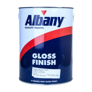 A tin of gloss-finish metal paint, for protecting and decorating metal surfaces.