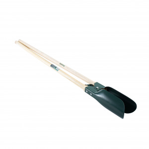 A pair of shovels with wooden handles.,