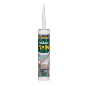 A tube of Everbuild Instant Nails adhesive in white, with a pointed nozzle for application. The packaging features green and yellow branding and an image showing its use in construction.