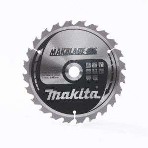 A circular Makita saw blade with sharp teeth, labeled MAKBLADE and Makita, featuring specifications and safety icons printed on its metallic surface.