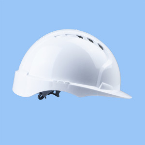 A safety helmet with an adjustable suspension harness and ventilation slots, providing impact protection on construction sites.