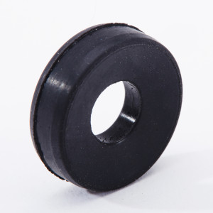 A black rubber washer with a central hole, standing upright on a white background.