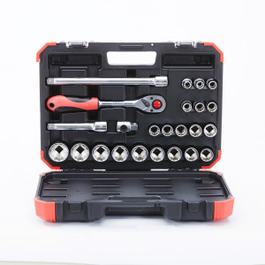 A black and red plastic tool case open to display a set of sockets, a ratchet wrench, extension bars, and accessories, all organized in designated slots.