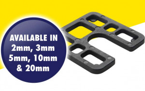 A black plastic spacer with multiple rectangular cutouts is shown on a white and yellow background. A blue circle contains the text: AVAILABLE IN 2mm, 3mm, 5mm, 10mm & 20mm.