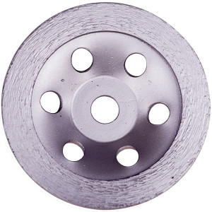 A close-up of a circular metal grinding wheel with five evenly spaced holes near the center and rough textured edges. The wheel is viewed from above against a white background.,