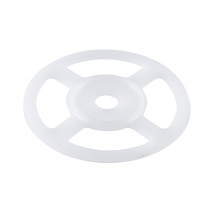 A white, round plastic disc with four evenly spaced cutout sections and a central circular hole, resembling a wheel or spacer, placed on a white background.