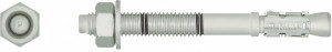 A metal wedge anchor bolt with a hex nut and washer, shown from the side and front, used for securing objects to concrete or masonry surfaces.