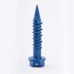 A close-up of a blue metal screw with a pointed tip, spiral threads, and a flat, wide head, standing upright on a white background.