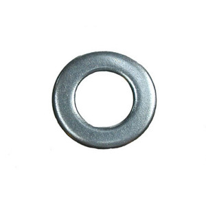 A bright zinc plated flat washer with a central hole, used to distribute the load of a bolt or screw head across a surface.