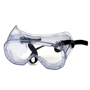 A pair of safety goggles with clear anti-fog lenses and a ventilated PVC frame, offering eye protection against dust and splashes.
