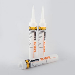 Three tubes of ARBO XL1075 sealant are shown, two standing upright with nozzles attached and one lying down in front without a nozzle, against a plain light background.