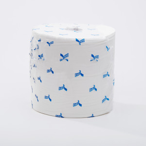 A large roll of toilet paper wrapped in clear plastic packaging with a blue and white logo design is displayed against a plain white background.,