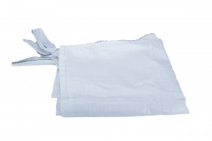 A folded white woven polypropylene sack with blue stitching, featuring side ties, placed on a plain white background.