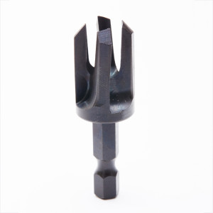 A close-up photo of a black, metal countersink tool bit with six fluted blades, designed for use with a drill, displayed against a white background.