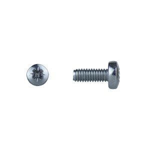 A bright zinc plated M6 machine screw with a fully threaded shaft, used for joining metal components with a nut.