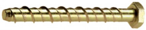 A close-up image of a gold-colored hex head screw with coarse threads, positioned horizontally on a white background.