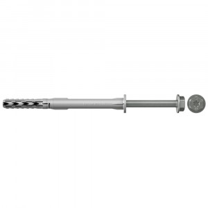 A gray wall plug with a long metal screw and a hexagonal washer head, shown side by side on a white background. The wall plug features angled ridges for grip.