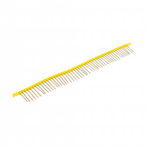 A single row of yellow and gold male pin headers, commonly used for electronic circuit connections, is displayed diagonally on a white background.