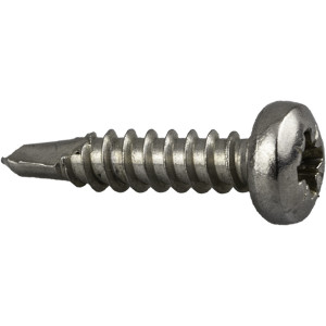 A steel self-drilling screw with a sharp drill-point tip and spiral threads along the shaft, suitable for fixing into steel framing.