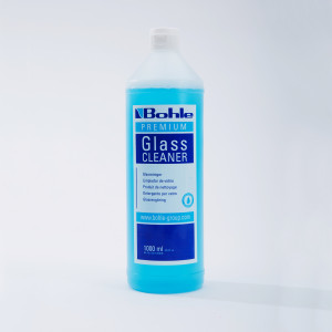 A bottle of Bohle Premium Glass Cleaner with blue liquid, featuring a blue and white label displaying product information in multiple languages, placed on a white background.
