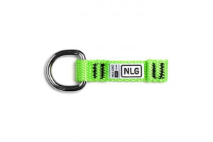 A bright green fabric keychain with a metal D-ring on one end and a rectangular label reading NLG attached to the strap.,