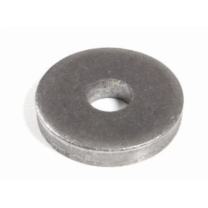 A close-up of a single metal flat washer with a circular hole in the center, placed on a white background.