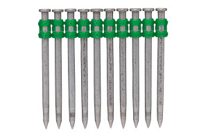 Ten steel nails are aligned vertically in a row, held together near the tops by two green plastic strips. The nails have flat heads and pointed tips, and the image is shown on a plain white background.