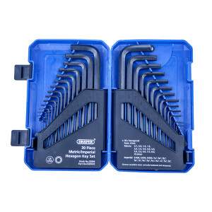 Open blue plastic case displaying a 30-piece Draper metric/imperial hexagon key (Allen wrench) set, with keys of various sizes neatly organized in labeled slots.