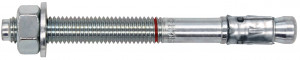 A metal anchor bolt with a hex nut and washer, featuring a threaded shaft on the left and an expansion sleeve on the right for securing objects to concrete or masonry surfaces.