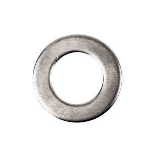 A close-up image of a single metal flat washer with a circular shape and a large central hole, isolated on a white background.