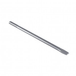 A long, metallic chisel with a flat, angled tip and a cylindrical shaft, positioned diagonally on a plain white background.
