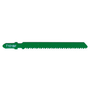 A green jigsaw blade labeled T101BF featuring a row of sharp teeth along one edge, designed for cutting materials.
