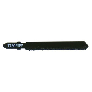 A black jigsaw blade labeled T130RIFF, featuring a straight design with a rough, gritty cutting edge.