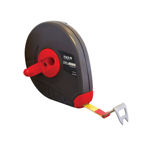 A 30m fibreglass surveyor's tape measure with an open-reel frame and a folding winding handle, for long-distance site measurement.