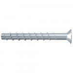 A single silver metal screw with a flat, countersunk head and spiral threads along the shaft, isolated on a white background.