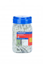 A clear plastic jar with a blue lid containing white wall plugs and screws. The label reads “Rawlplug PROMOPACK Hollow Walls” and features a diagram of a wall plug being inserted into a wall.,